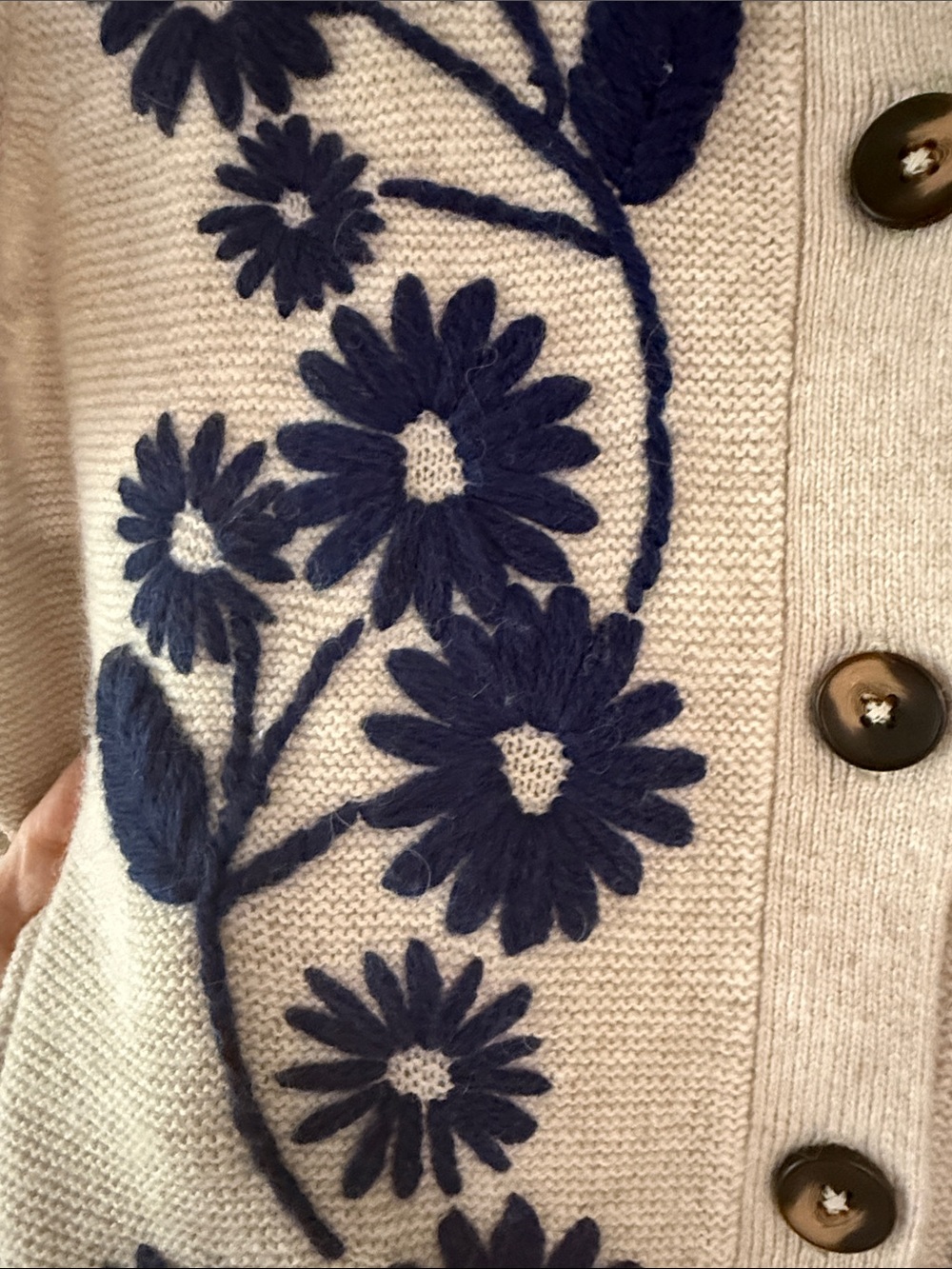 Boden medium Beige Knit Sleeveless Cardigan with Navy Floral Embroidery - Picture 2 of 7